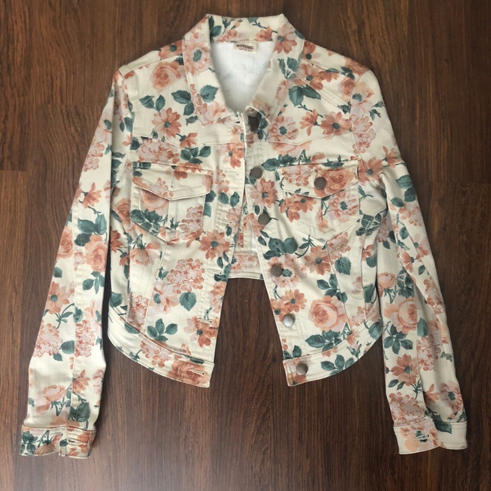 Floral Denim Jacket Cream and Coral Size Small